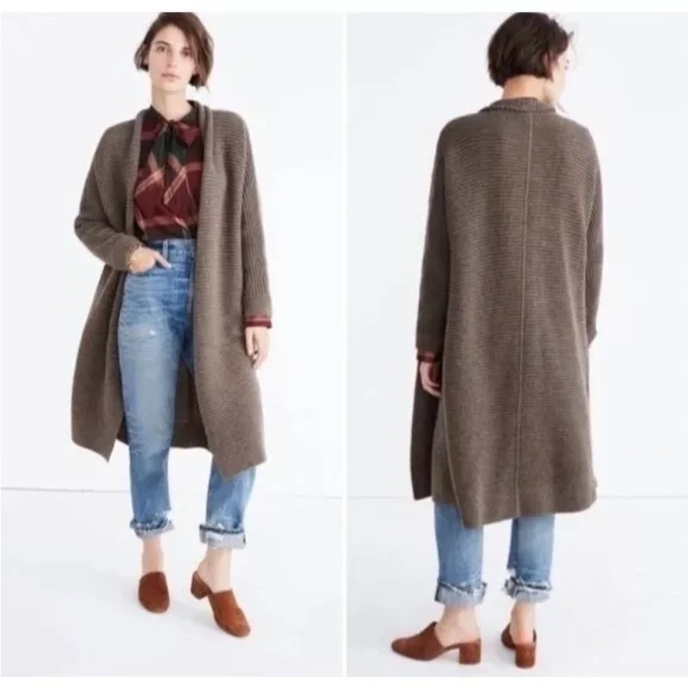 Madewell womens brown Fulton LS ribbed Long merino wool sweater jacket XS